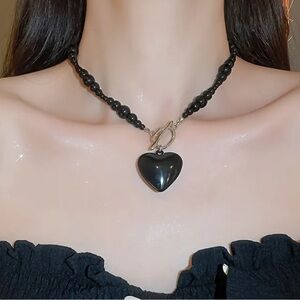Black Heart Necklace with Beaded Chain